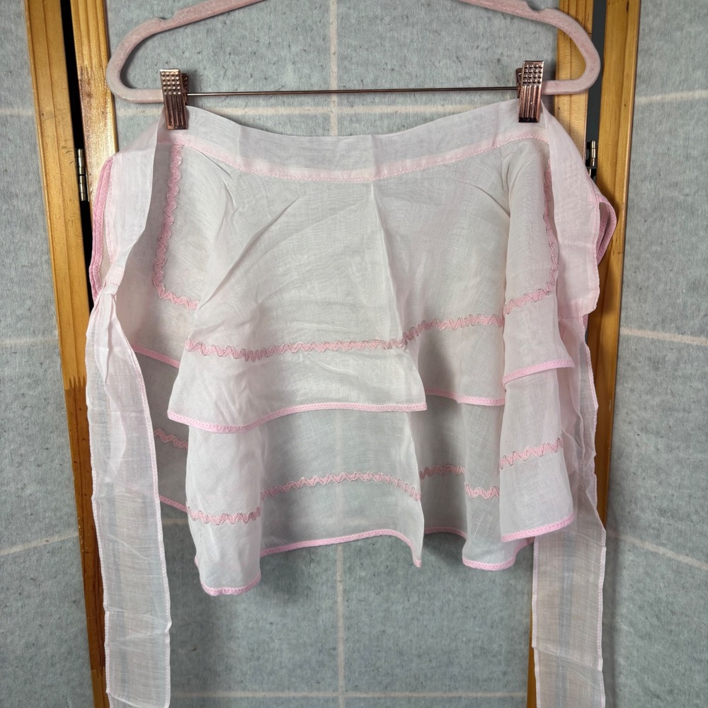 Vintage Tiered Ruffle‎ Half Apron White Pink Rickrack Silver Trim Sheer Retro